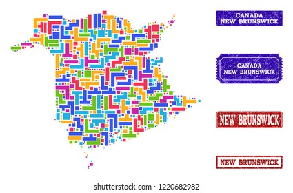 Mosaic brick style map of New Brunswick Province and grunge rectangle seal stamps. Vector map of New Brunswick Province constructed with colorful elements. Vector imprints with grunge rubber texture.