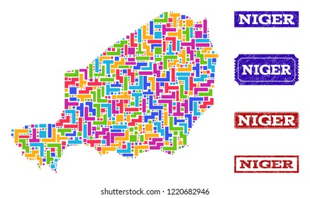 Mosaic brick style map of Niger and unclean rectangle seals. Vector map of Niger constructed with bright colored elements. Vector seals with unclean rubber texture. Flat design for political posters.