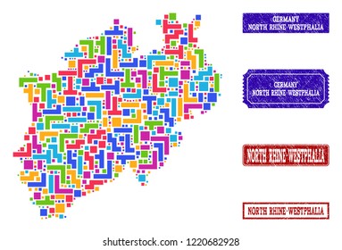 Mosaic brick style map of North Rhine-Westphalia State and rubber rectangle seals. Vector map of North Rhine-Westphalia State designed with colorful blocks.