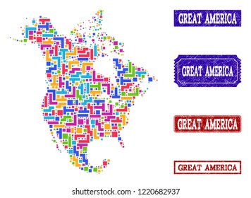 Mosaic brick style map of North America and grunge rectangle stamps. Vector map of North America constructed with colorful elements. Vector seals with grunge rubber texture.
