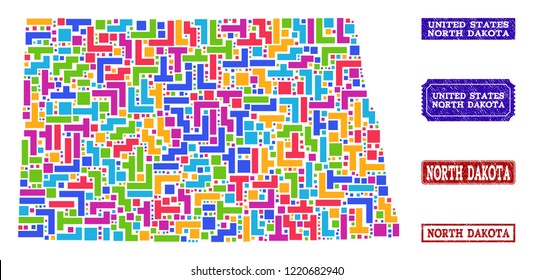 Mosaic brick style map of North Dakota State and scratched rectangle seals. Vector map of North Dakota State designed with colorful blocks. Vector watermarks with scratched rubber texture.