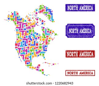 Mosaic brick style map of North America and rubber rectangle seals. Vector map of North America constructed with bright colored blocks. Vector watermarks with grunge rubber texture.