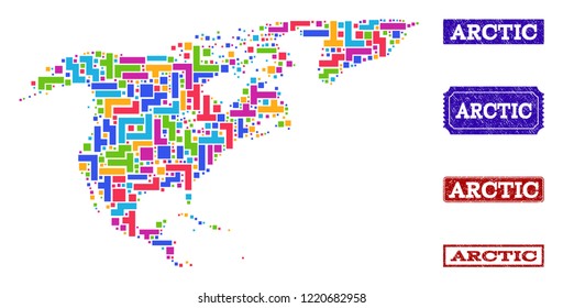 Mosaic brick style map of North America and Greenland and corroded rectangle seals. Vector map of North America and Greenland constructed with colorful blocks.