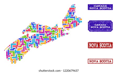 Mosaic brick style map of Nova Scotia Province and rubber rectangle seals. Vector map of Nova Scotia Province designed with colorful blocks. Vector imprints with distress rubber texture.