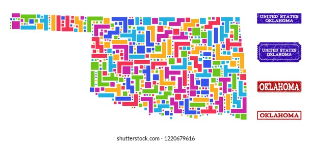 Mosaic brick style map of Oklahoma State and rubber rectangle seal stamps. Vector map of Oklahoma State constructed with colorful blocks. Vector seals with corroded rubber texture.