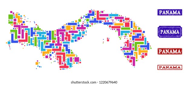 Mosaic brick style map of Panama and rubber rectangle stamps. Vector map of Panama designed with colorful blocks. Vector seals with corroded rubber texture. Flat design for political posters.
