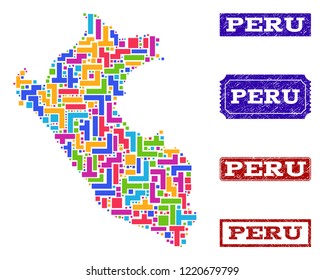 Mosaic brick style map of Peru and rubber rectangle seal stamps. Vector map of Peru designed with bright colored elements. Vector watermarks with scratched rubber texture.