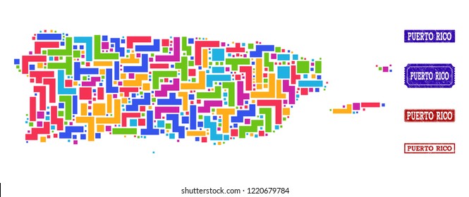 Mosaic brick style map of Puerto Rico and textured rectangle seals. Vector map of Puerto Rico constructed with bright colored blocks. Vector seals with unclean rubber texture.