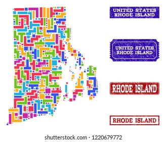 Mosaic brick style map of Rhode Island State and scratched rectangle stamps. Vector map of Rhode Island State designed with bright colored elements. Vector watermarks with scratched rubber texture.
