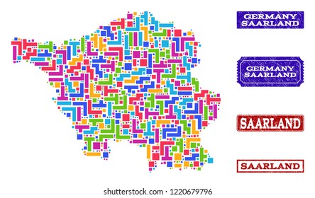 Mosaic brick style map of Saarland State and scratched rectangle seals. Vector map of Saarland State designed with bright colored elements. Vector seals with scratched rubber texture.