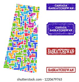 Mosaic brick style map of Saskatchewan Province and rubber rectangle stamps. Vector map of Saskatchewan Province constructed with bright colored blocks.