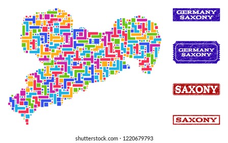 Mosaic brick style map of Saxony State and unclean rectangle seals. Vector map of Saxony State constructed with colorful elements. Vector seals with unclean rubber texture.