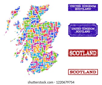 Mosaic brick style map of Scotland and unclean rectangle seals. Vector map of Scotland constructed with colorful blocks. Vector seals with grunge rubber texture. Flat design for patriotic templates.