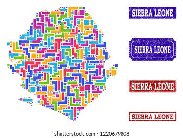 Mosaic brick style map of Sierra Leone and dirty rectangle seals. Vector map of Sierra Leone constructed with colorful elements. Vector seals with corroded rubber texture.