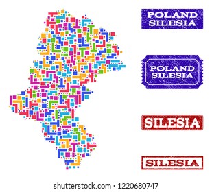 Mosaic brick style map of Silesia Voivodeship and corroded rectangle stamps. Vector map of Silesia Voivodeship constructed with bright colored blocks. Vector seals with corroded rubber texture.