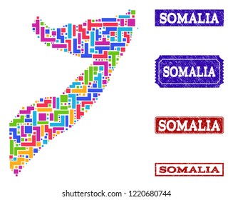 Mosaic brick style map of Somalia and rubber rectangle stamps. Vector map of Somalia designed with bright colored elements. Vector seals with unclean rubber texture.