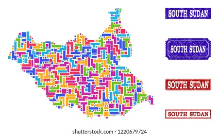 Mosaic brick style map of South Sudan and grunge rectangle seals. Vector map of South Sudan designed with bright colored elements. Vector seals with grunge rubber texture.