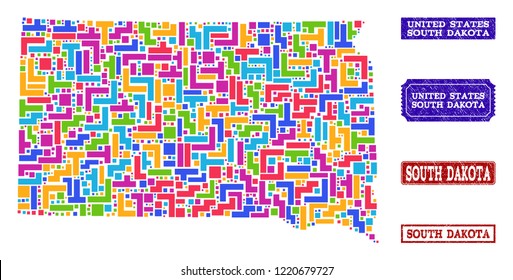 Mosaic brick style map of South Dakota State and rubber rectangle seals. Vector map of South Dakota State designed with colorful elements. Vector imprints with distress rubber texture.