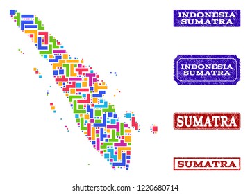 Mosaic brick style map of Sumatra Island and rubber rectangle seals. Vector map of Sumatra Island constructed with bright colored blocks. Vector watermarks with scratched rubber texture.