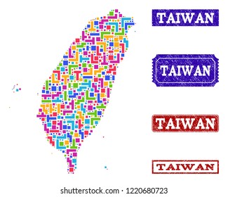 Mosaic brick style map of Taiwan and rubber rectangle seal stamps. Vector map of Taiwan designed with bright colored blocks. Vector seals with corroded rubber texture.