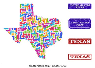 Mosaic brick style map of Texas State and unclean rectangle seals. Vector map of Texas State constructed with bright colored elements. Vector seals with unclean rubber texture.