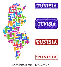 Mosaic brick style map of Tunisia and rubber rectangle seal stamps. Vector map of Tunisia constructed with colorful elements. Vector seals with unclean rubber texture.