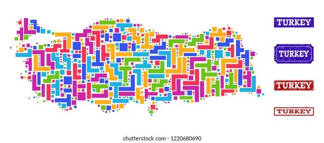 Mosaic brick style map of Turkey and rubber rectangle stamps. Vector map of Turkey constructed with colorful elements. Vector watermarks with distress rubber texture.