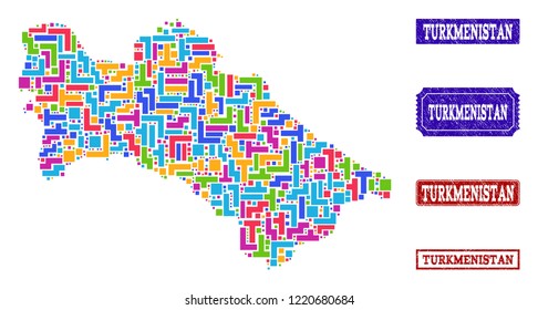 Mosaic brick style map of Turkmenistan and textured rectangle seals. Vector map of Turkmenistan designed with bright colored blocks. Vector seals with scratched rubber texture.