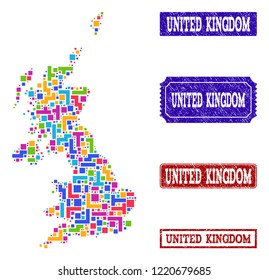 Mosaic brick style map of United Kingdom and dirty rectangle seals. Vector map of United Kingdom designed with bright colored blocks. Vector seals with distress rubber texture.