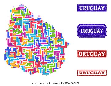 Mosaic brick style map of Uruguay and corroded rectangle seals. Vector map of Uruguay constructed with bright colored elements. Vector seals with unclean rubber texture.