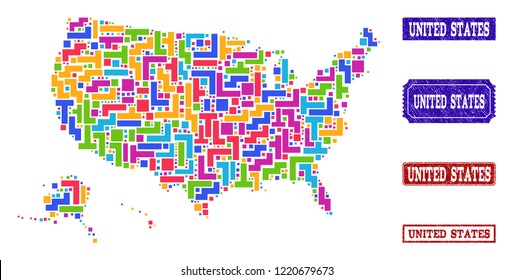 Mosaic brick style map of USA territories and scratched rectangle stamps. Vector map of USA territories constructed with bright colored blocks. Vector seals with scratched rubber texture.