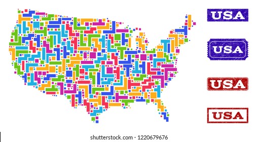 Mosaic brick style map of USA and rubber rectangle seal stamps. Vector map of USA designed with colorful elements. Vector watermarks with corroded rubber texture. Flat design for political posters.