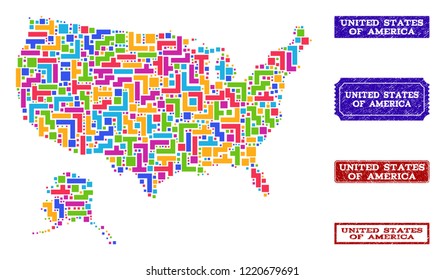 Mosaic brick style map of USA and Alaska and unclean rectangle seal stamps. Vector map of USA and Alaska designed with bright colored blocks. Vector imprints with unclean rubber texture.