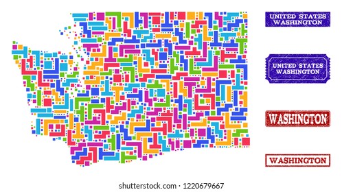 Mosaic brick style map of Washington State and corroded rectangle seals. Vector map of Washington State constructed with colorful elements. Vector seals with unclean rubber texture.