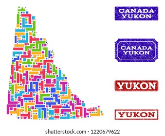Mosaic brick style map of Yukon Province and scratched rectangle seals. Vector map of Yukon Province designed with colorful blocks. Vector seals with distress rubber texture.