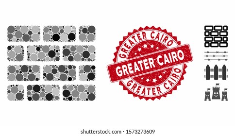 Mosaic brick wall icon and distressed stamp watermark with Greater Cairo caption. Mosaic vector is designed with brick wall pictogram and with randomized spheric items.
