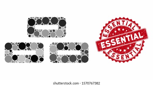 Mosaic bricks and corroded stamp seal with Essential phrase. Mosaic vector is formed with bricks icon and with randomized spheric spots. Essential seal uses red color, and dirty texture.