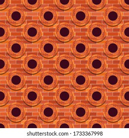 Mosaic of bricks and windows. Red. Seamless background. Means for the device of masonry walls and floors. Vector illustration for web design or print.