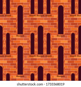 Mosaic of bricks and windows. Red. Seamless background. Means for the device of masonry walls and floors. Vector illustration for web design or print.