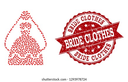 Mosaic bride created with red valentine hearts, and isolated grunge seal. Composition for Valentines Day. Bride concept constructed with small randomized romantic heart symbols.