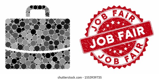 Mosaic briefcase and distressed stamp seal with Job Fair phrase. Mosaic vector is designed with briefcase icon and with randomized round items. Job Fair stamp seal uses red color, and grunged surface.