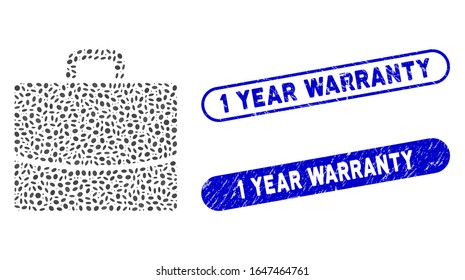 Mosaic briefcase and distressed stamp seals with 1 Year Warranty text. Mosaic vector briefcase is designed with scattered oval pieces. 1 Year Warranty seals use blue color,