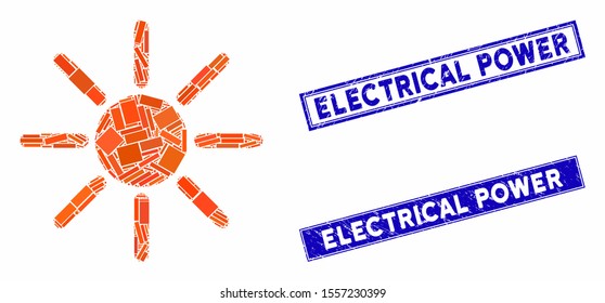 Mosaic brightness pictogram and rectangular watermarks. Flat vector brightness mosaic pictogram of randomized rotated rectangle elements. Blue caption watermarks with distress textures.