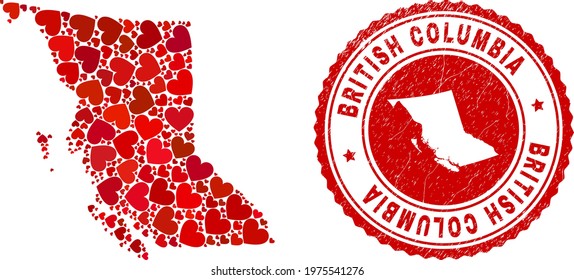 Mosaic British Columbia map created with red love hearts, and dirty seal stamp. Vector lovely round red rubber stamp imprint with British Columbia map inside.