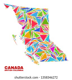 Mosaic British Columbia map of triangles in bright colors isolated on a white background. Triangular collage in shape of British Columbia map. Abstract design for patriotic purposes.