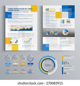 Mosaic brochure template design with blue and yellow square elements. Cover layout and infographics