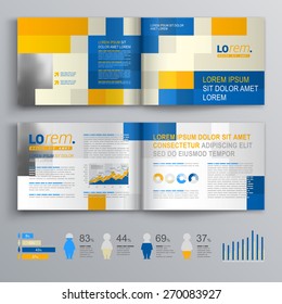 Mosaic brochure template design with blue and yellow square elements. Cover layout and infographics