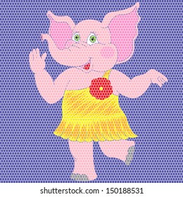 Mosaic broidered work image of joyful pink elephant in a yellow dress on a blue background. Handcrafted vector illustration