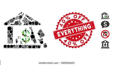 Mosaic broken bank icon and rubber stamp seal with 40% Off Everything text. Mosaic vector is created with broken bank icon and with scattered spheric elements. 40% Off Everything seal uses red color,