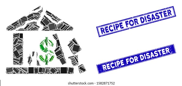 Mosaic broken bank pictogram and rectangular Recipe for Disaster seal stamps. Flat vector broken bank mosaic pictogram of scattered rotated rectangular items.
